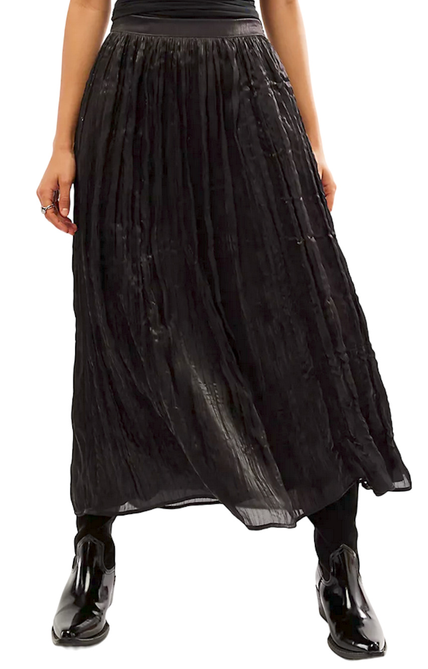 NEW FREE PEOPLE BLACK VERA CITY CRINKLE PLEATED MAXI SKIRT OB1867805 SZ 0